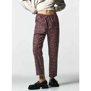 Zara NEW Maroon Paisley Print Tapered Jogger Pants Drawstring Pockets Size XS